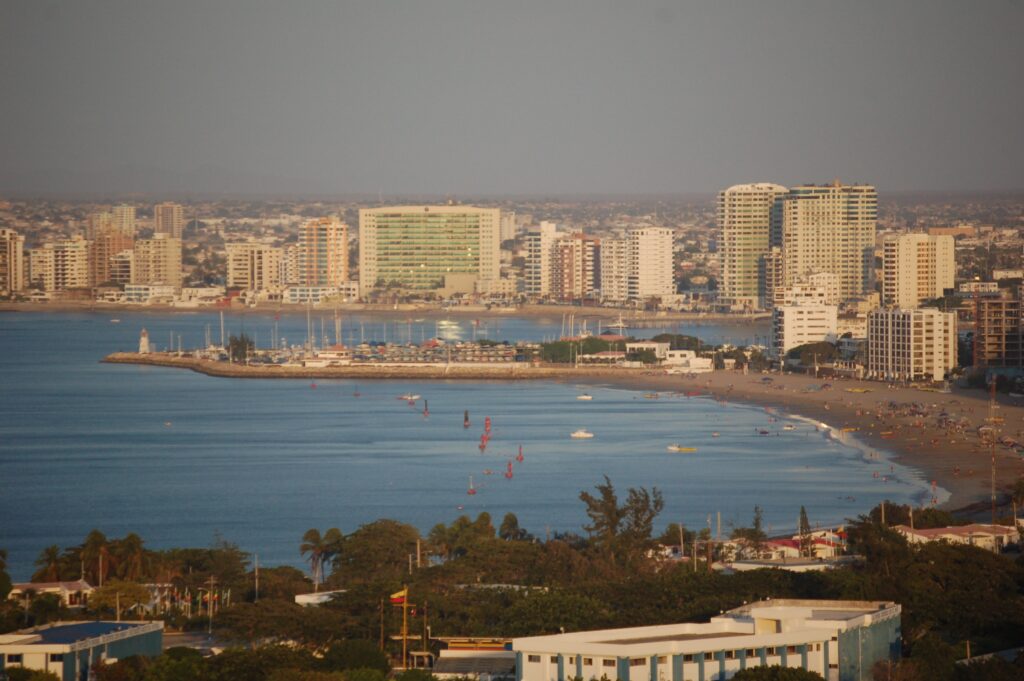 The tower blocks of the hotels of Salinas, Ecuador, line the beach.