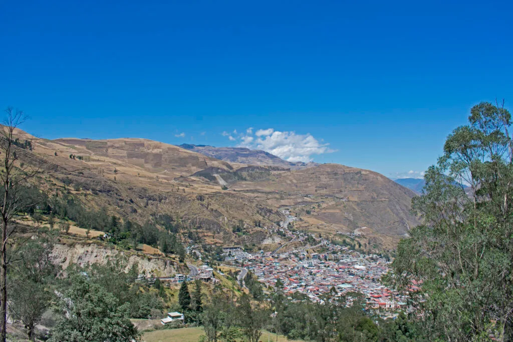 The town of Alausí, Ecuador, seen from the mountains above. It sits in a large valley