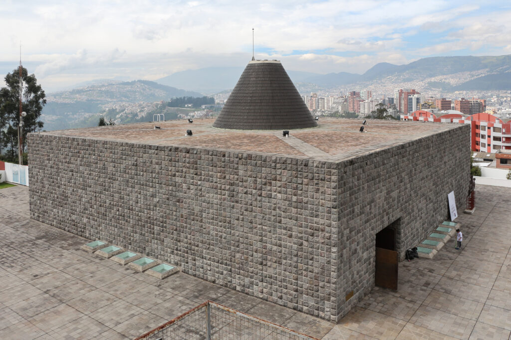 La Capilla del Hombre is a large square stone museum on top of a hill in Quito, Ecuador. 