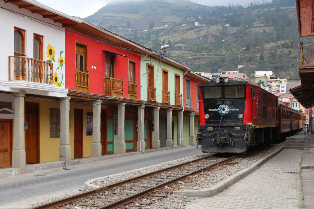 The train of the Devil’s nose waits in the station in Alausí, Ecuador