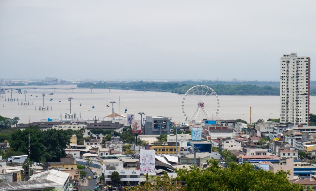 An aerial view of the Malecón 2000 and Guayas River in Guayaquil, Ecuador