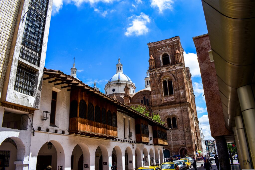 The New Cathedral as seen from the flower market in Cuenca, Ecuador.
