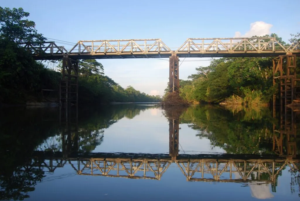 A bridge crosses a river in the Amazon, Ecuador. The water is so still it could be a mirror