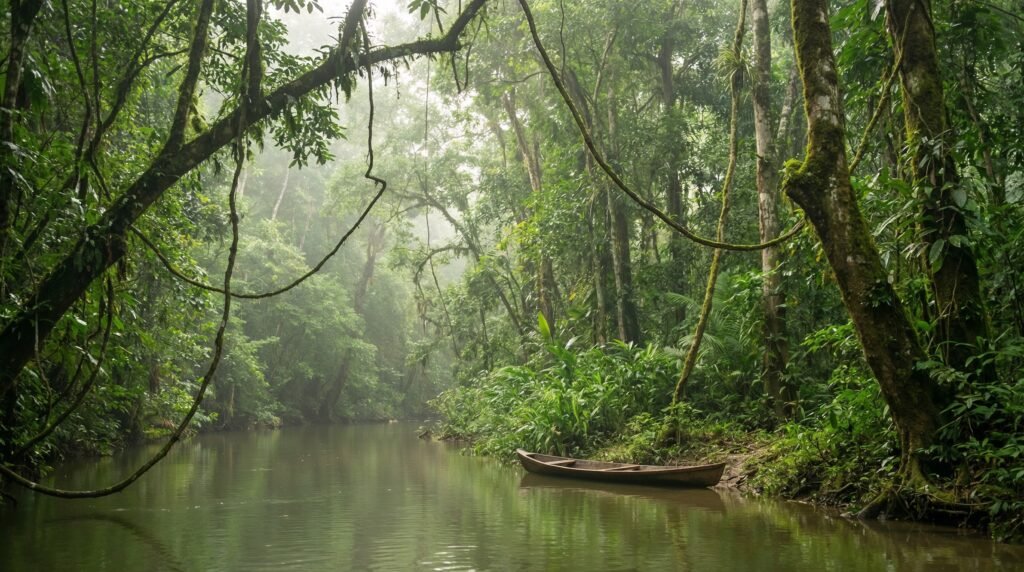 A wooden canoe floats in a river surrounded by the Amazon Rainforest. Wheely Tyred First-Time Guide to Cuyabeno