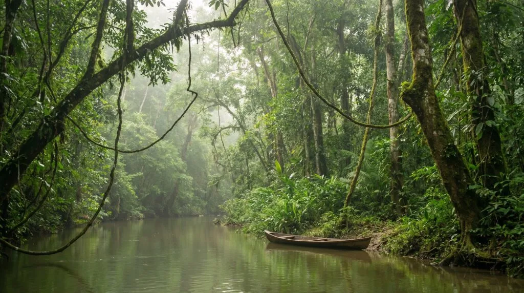 A wooden canoe floats in a river surrounded by the Amazon Rainforest.