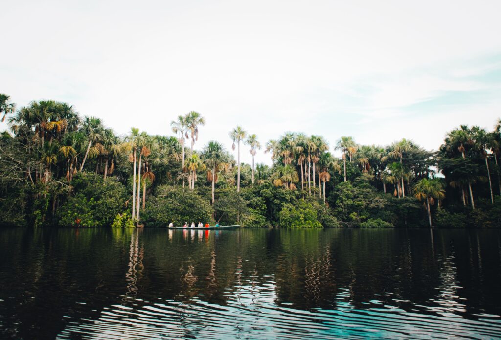 People sail a paddle boat along a river in the Amazon Rainforest, Peru. Wheely Tyred guide to Yasuní National Park