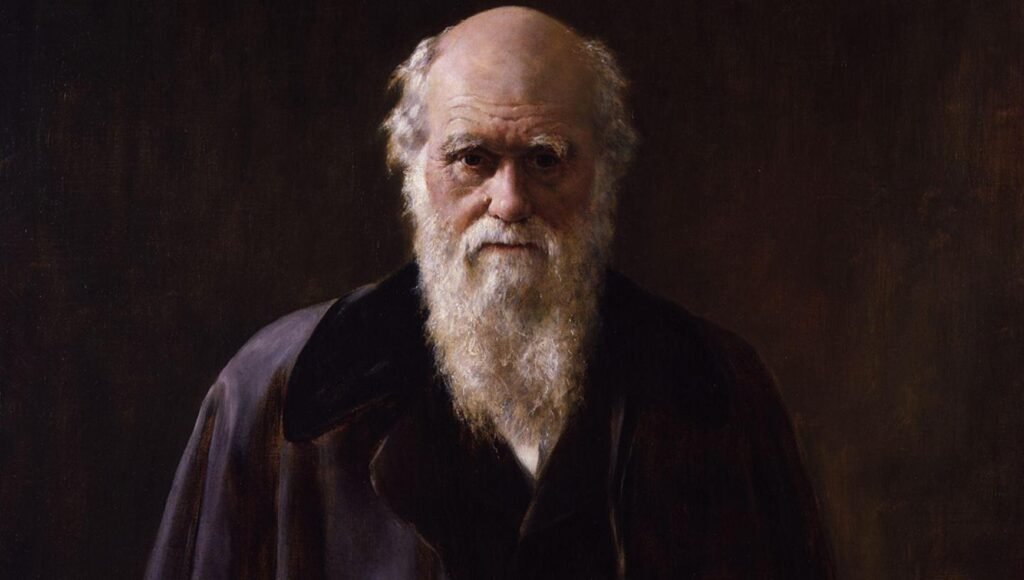 A portrait of Charles Darwin looking straight at the viewer. He looks quite old, bald with and long white beard