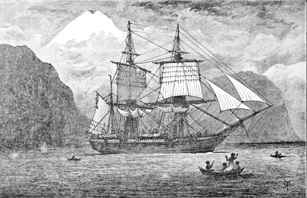 El HMS Beagle en el estrecho de Magallanes, Argentina, presumiblemente con Charles Darwin a bordo