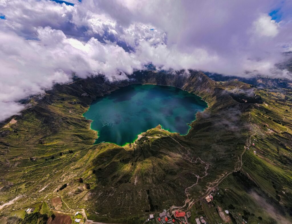 The caldera at Lake Quilotoa is full of blue water in Ecuador.