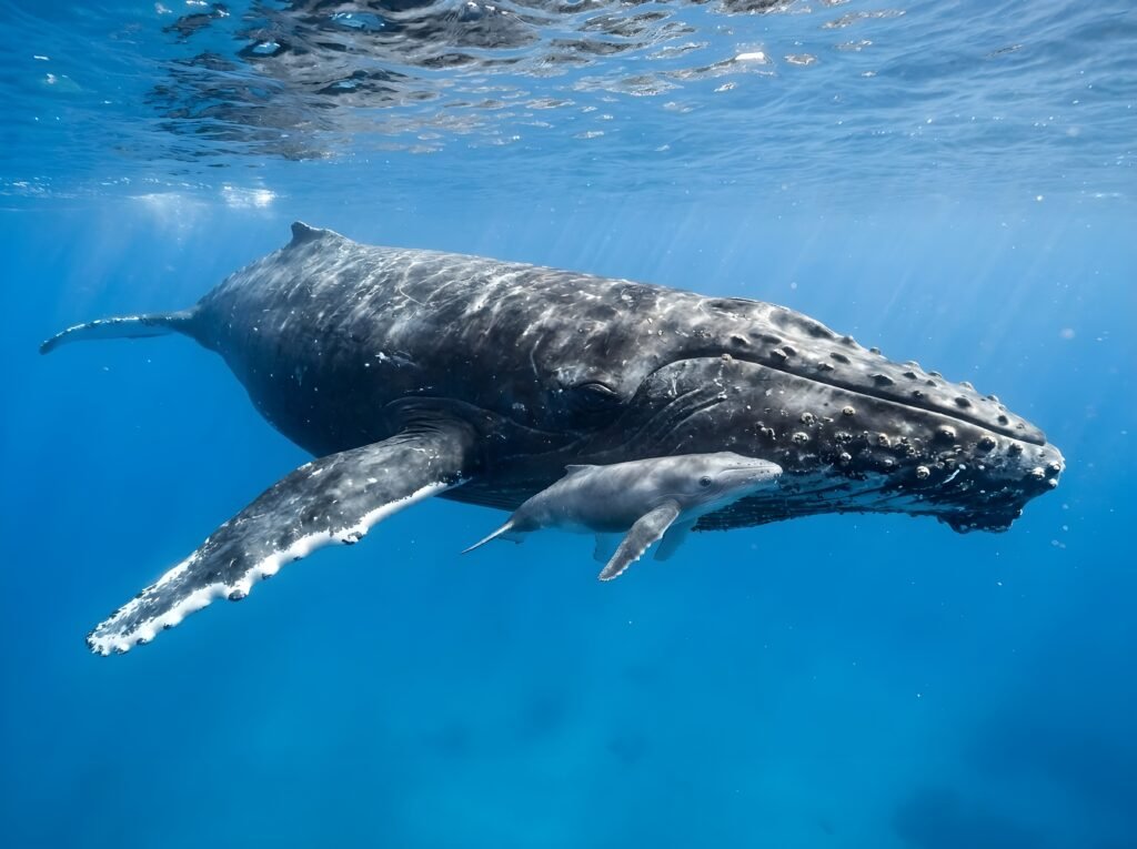 A mother humpback whale and her calf swim through the ocean.
