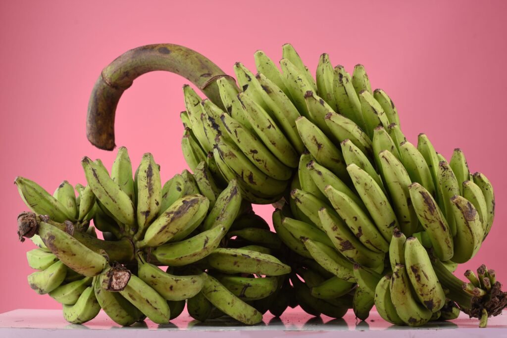 Bunches of fresh green plantains on a pink background.