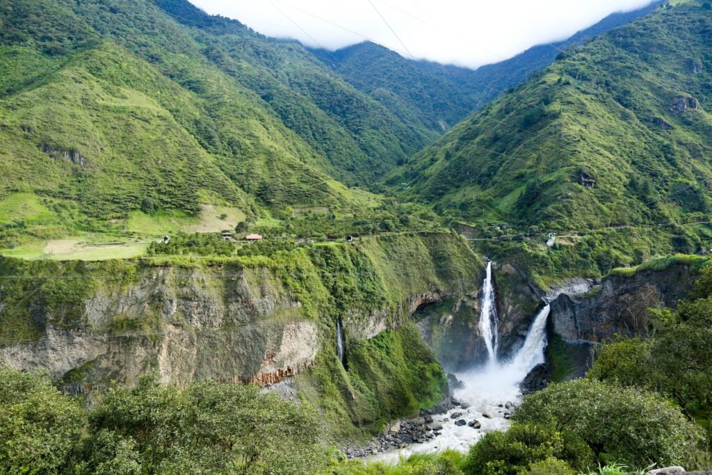 Waterfalls tumble down the Andes into the Pastaza River near Baños, Ecuador.