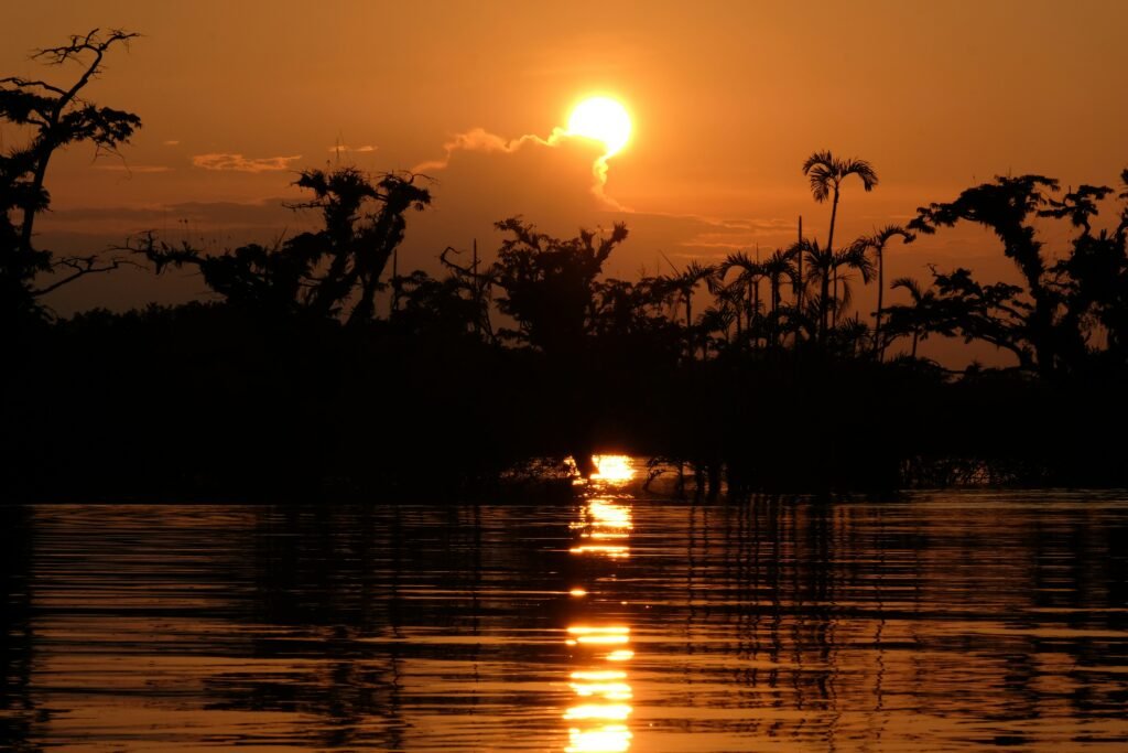 The suns sets over Laguna Grande in a Wildlife Reserve, Ecuador. Wheely Tyred Cuyabeno