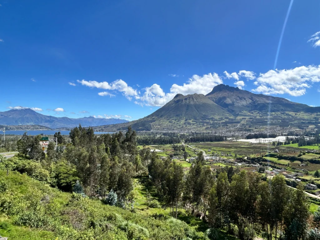 Lago San Pablo can be seen underneath Imbabura volcano near Otavalo, Ecuador