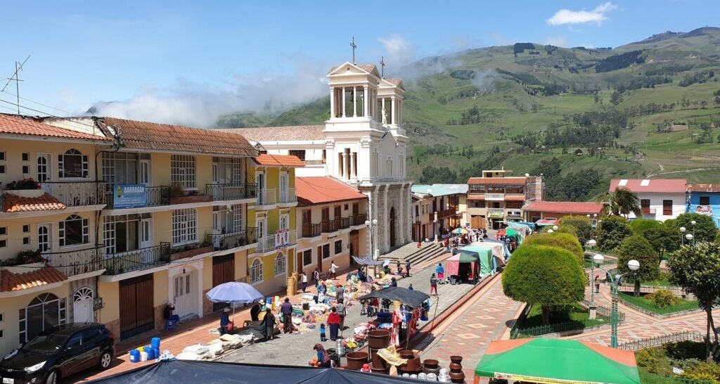 An aerial shot of the colonial buildings at the centre a town in Ecuador. Wheely Tyred Best Alausí Multi-Day Tours