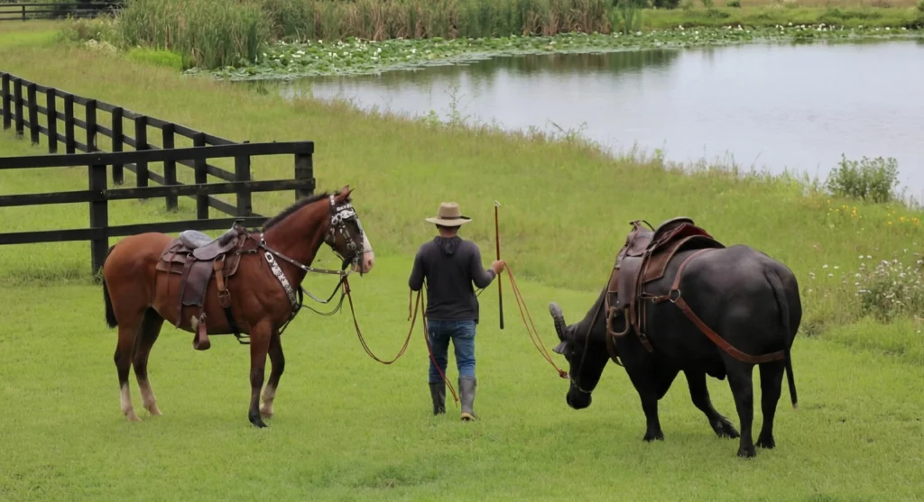 A man walks a horse and bison by a river near Guayaquil, Ecuador