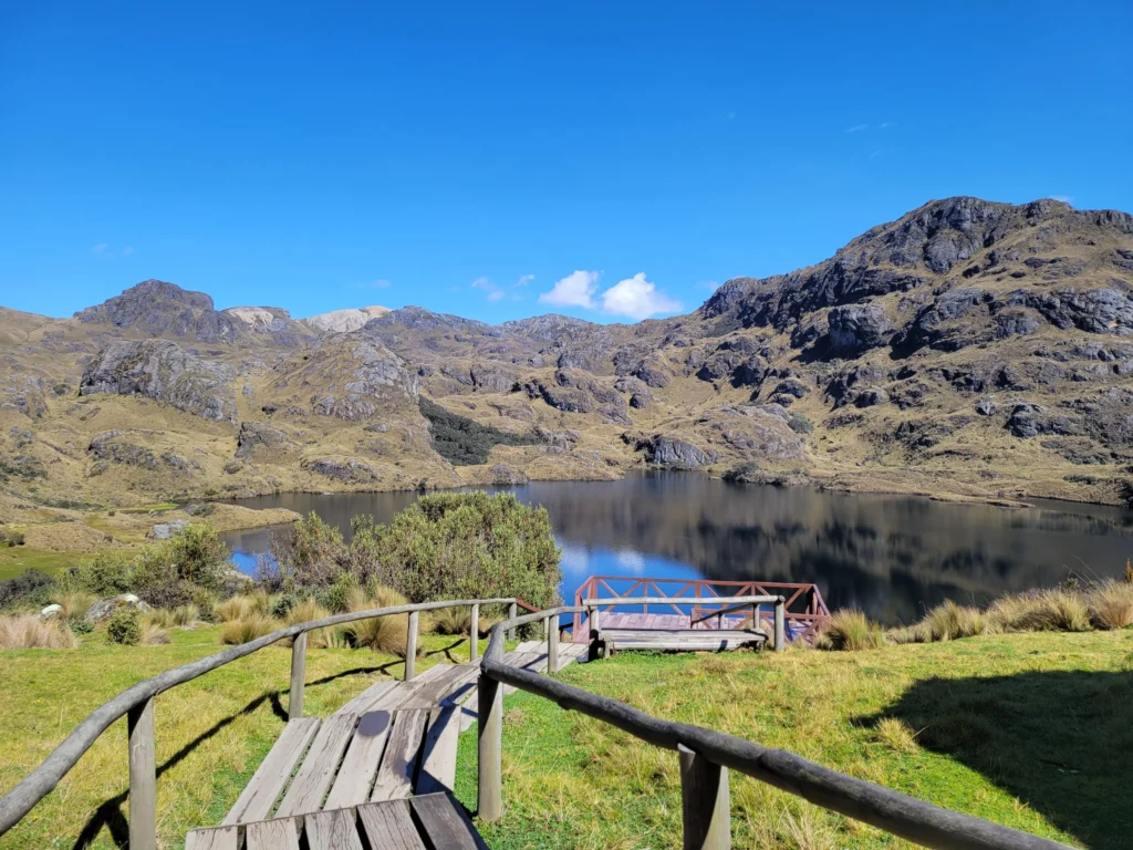 A wodden walkway leads to the main lake at Cajas National Park, near Cuenca, Ecuador
