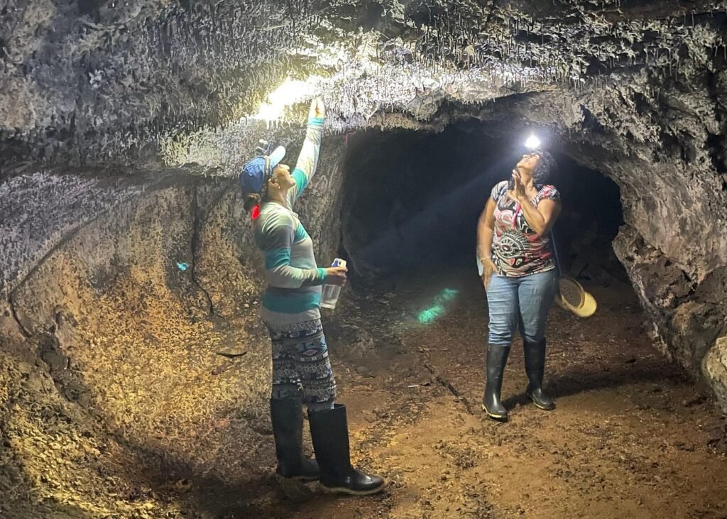 Two people with head torches on look up at the roof of a lava tunnel on Isla Isabela, in the Galápagos Islands