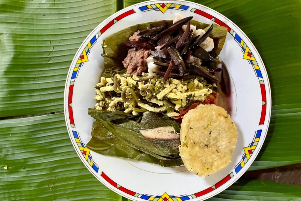A bowl of maito on a banana leaf in the Amazon, Ecuador