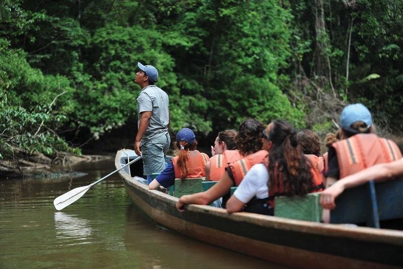 A canoe of people looks up at the rainforest in the Amazon, Ecuador