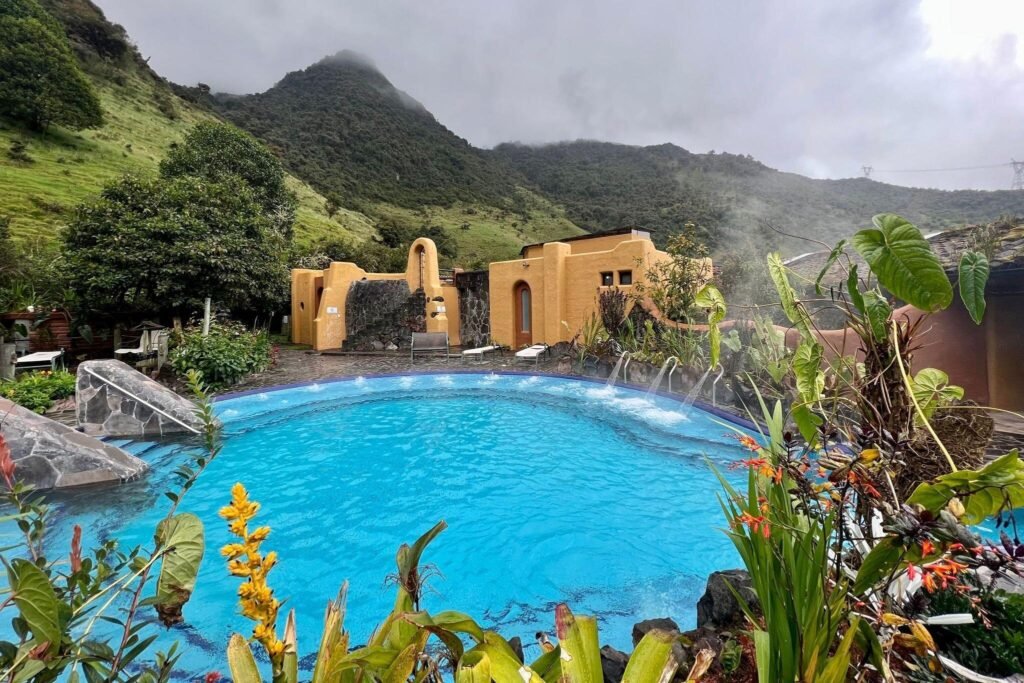The complex and one of the blue pools in the mountains at Papallacta Hot Springs, near Quito, Ecuador