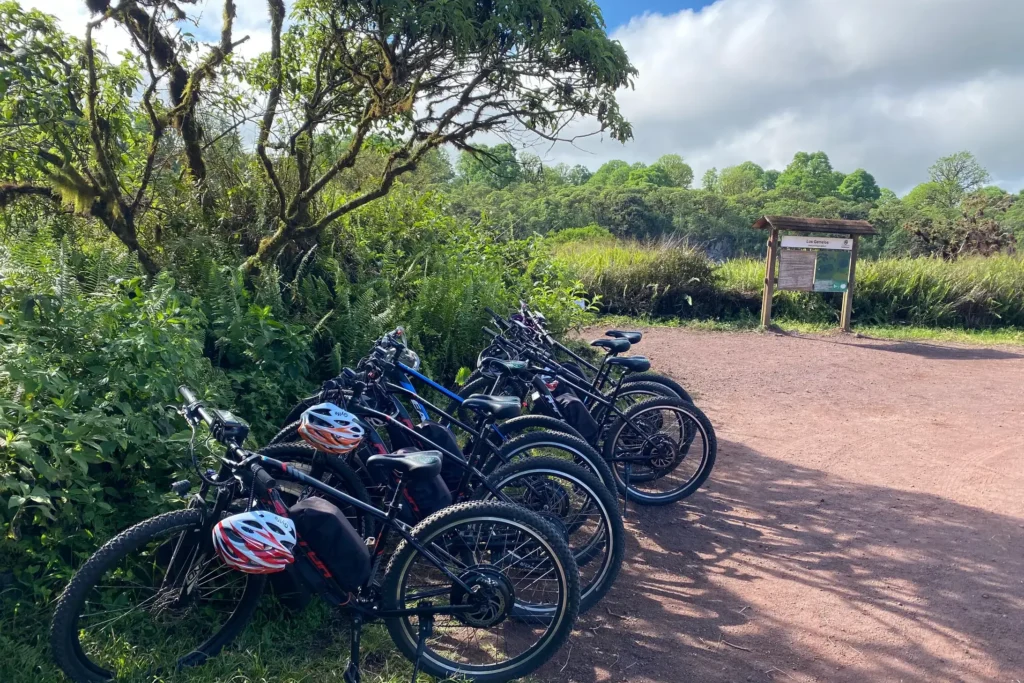 A row of bikes are parked along a track on Isla Isabela, Galápagos