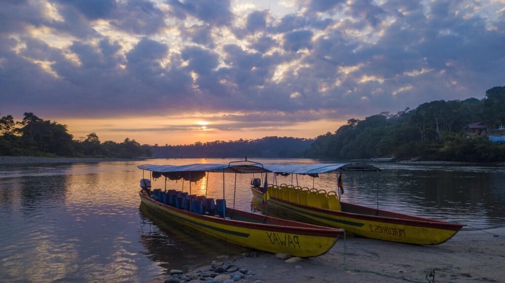 A riverboat at sunset in the Amazon, Ecuador