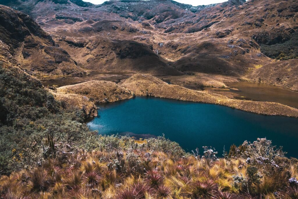 A lake surrounded by paramo in Cajas National Park, near Cuenca, Ecuador