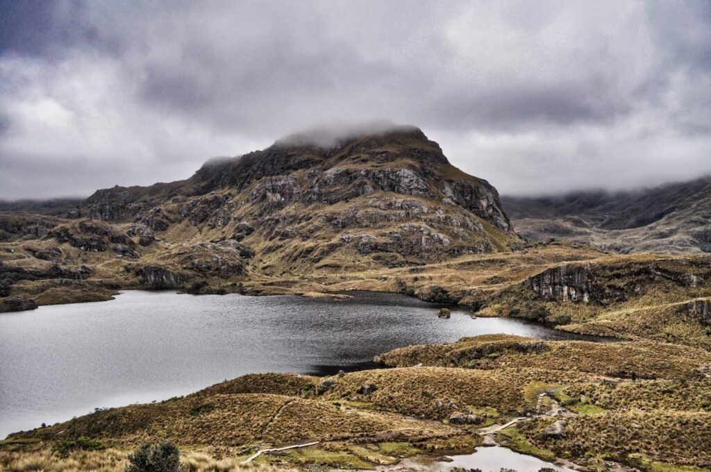 A wide view of the main lake surrounded by paramo in Cajas National Park, near Cuenca, Ecuador