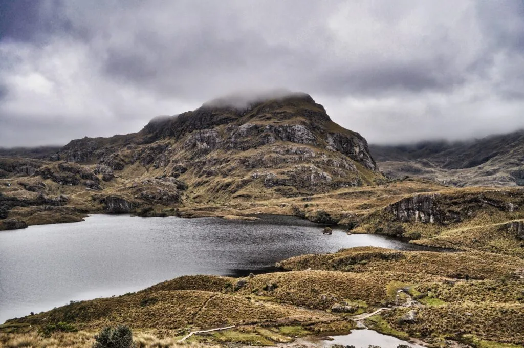 A wide view of the main lake surrounded by paramo in Cajas National Park, near Cuenca, Ecuador