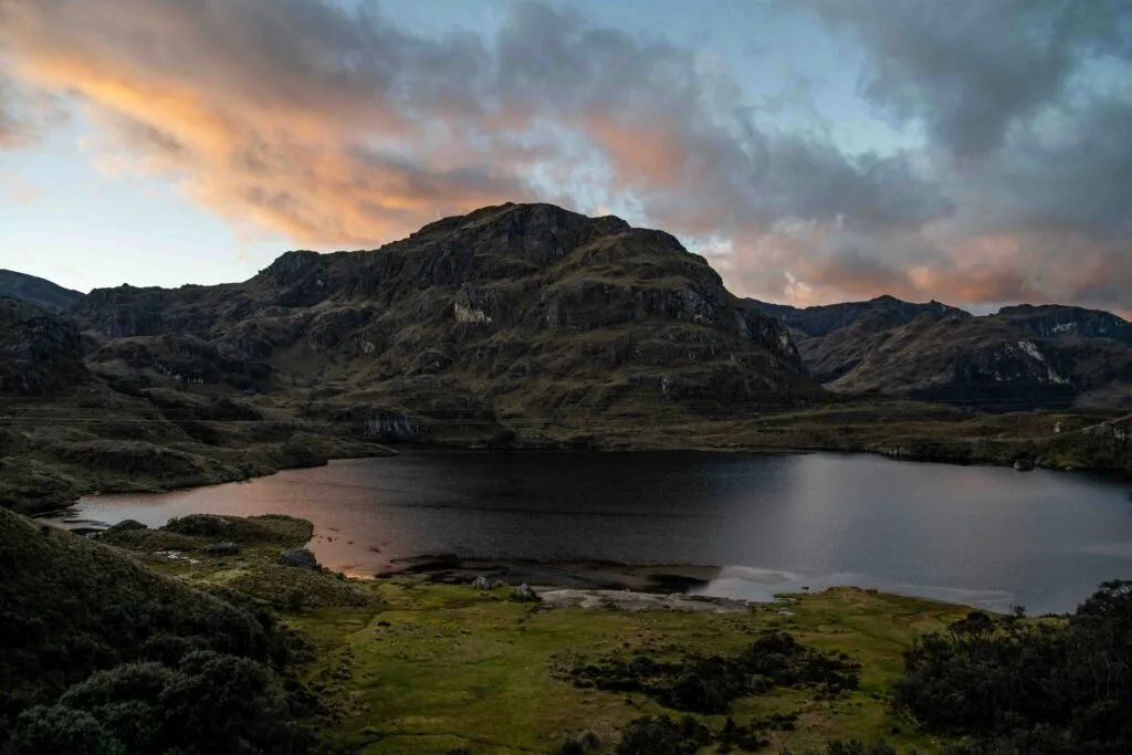 A wide view of the main lake surrounded by paramo in Cajas National Park, near Cuenca, Ecuador