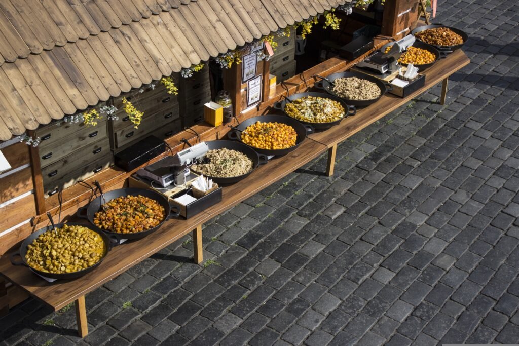 A Christmas market stall in Prague as seen from above.