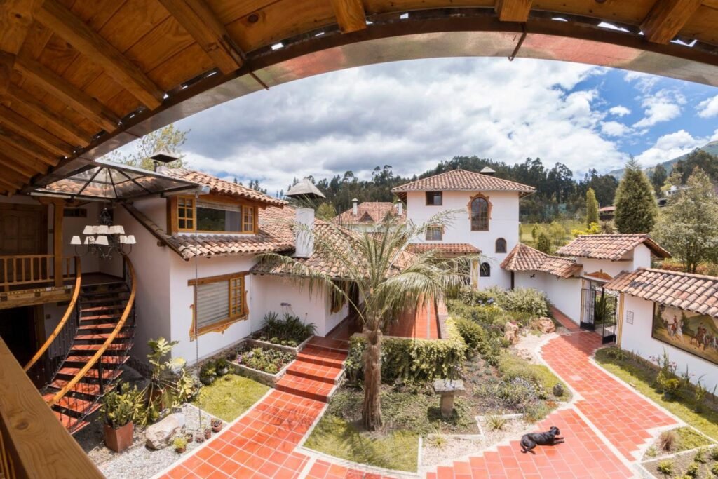 The huge courtyeard of Hosteria Caballo Campana, a Spanish colonial hotel between Cajas National Park and Cuenca, Ecuador