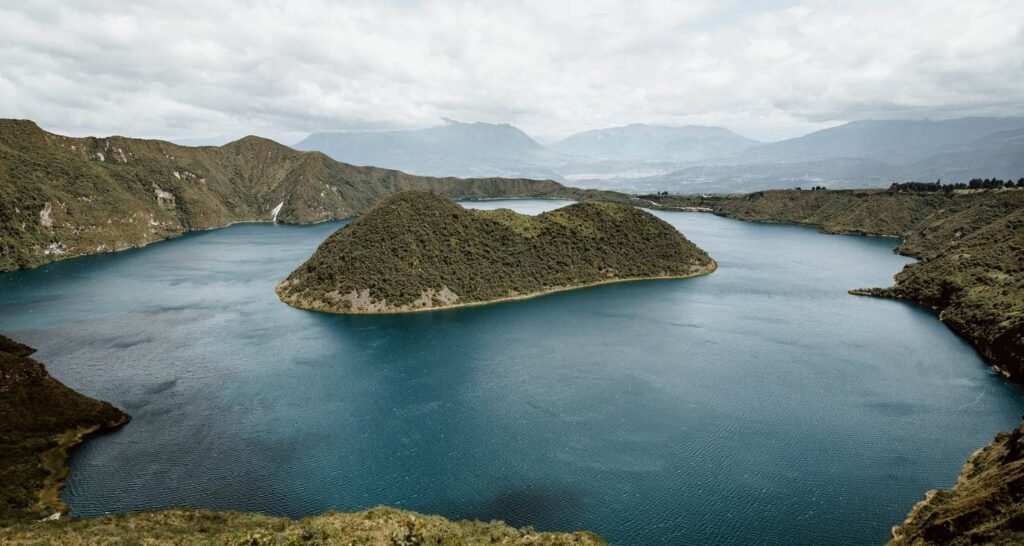 The islands of Lake Cuicocha on a sunny day near Cotocachi and Otavalo, Ecuador