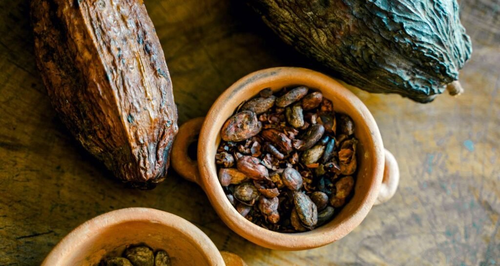 Some cacao beans on a wooden table in Ecuador