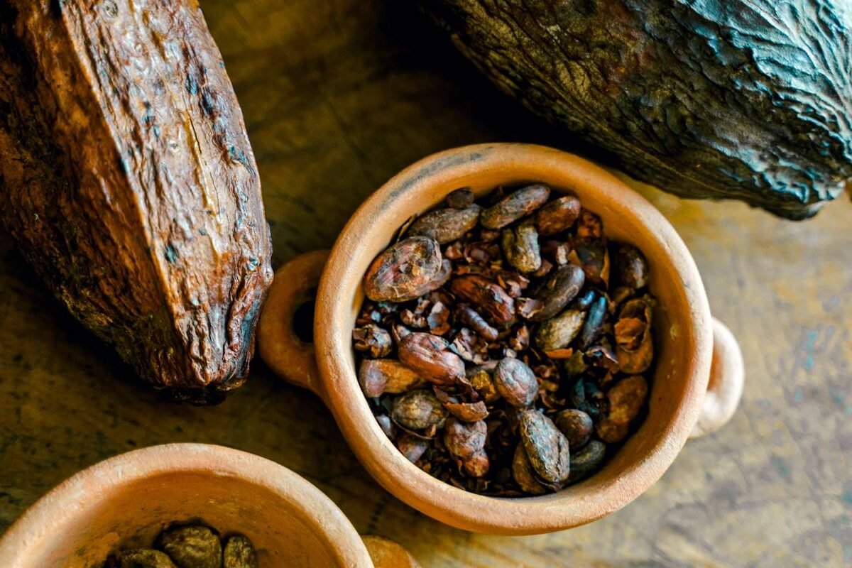Some cacao beans on a wooden table in Ecuador