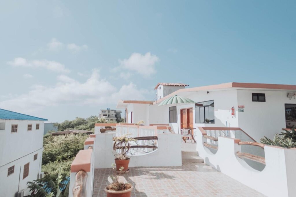 The view of the white terrace on top of Casa de Nelly in Puerto Baquerizo Moreno, San Cristobal, Galapagos, Ecuador