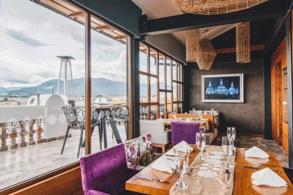 The fancy restaurant and balcony of Hotel Cruz del Vado in Cuenca, Ecuador