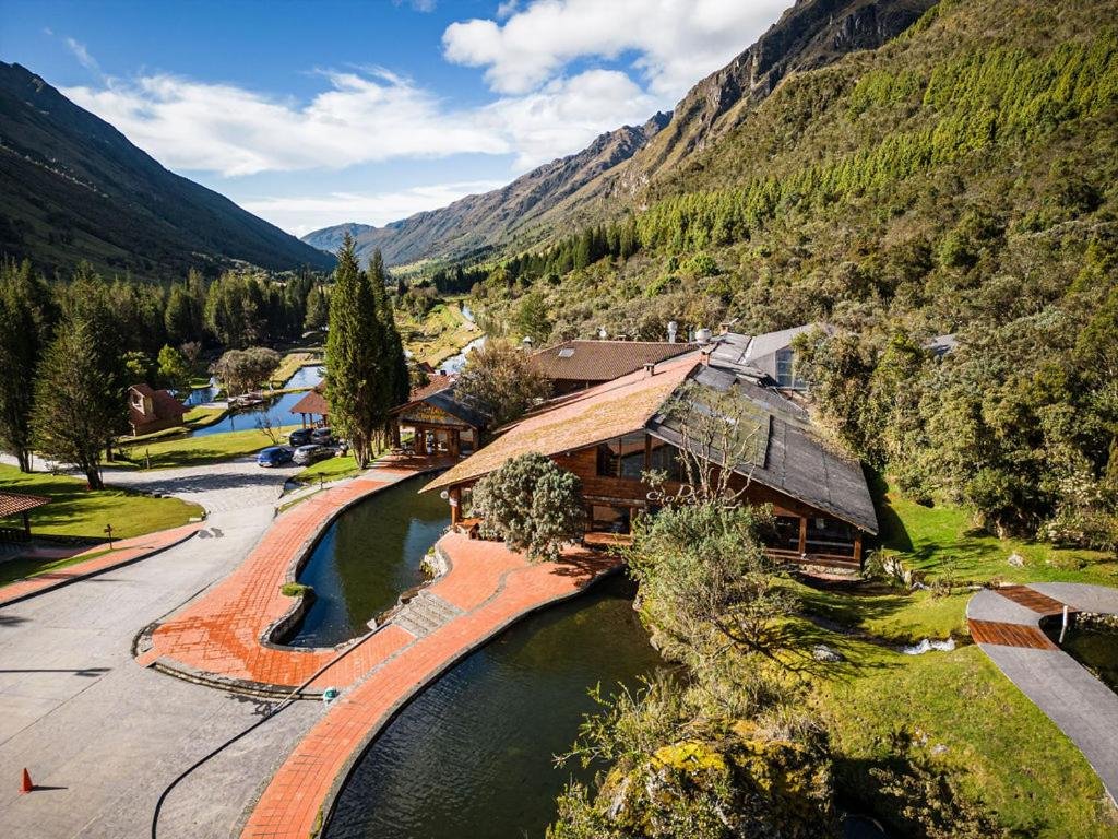 An aerial shot of Hacienda Hostería Dos Chorreras, bewteen Cajas National Park and Cuenca, Ecuador