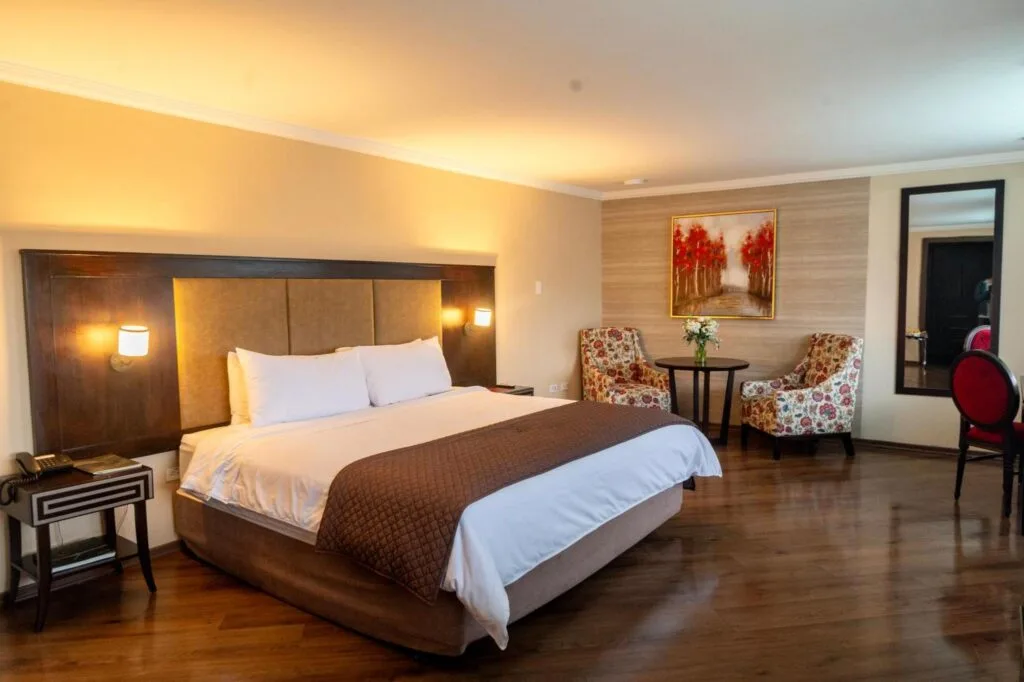 A large bedroom at Quindeloma Art Hotel & Gallery near Chimborazo, Ecuador