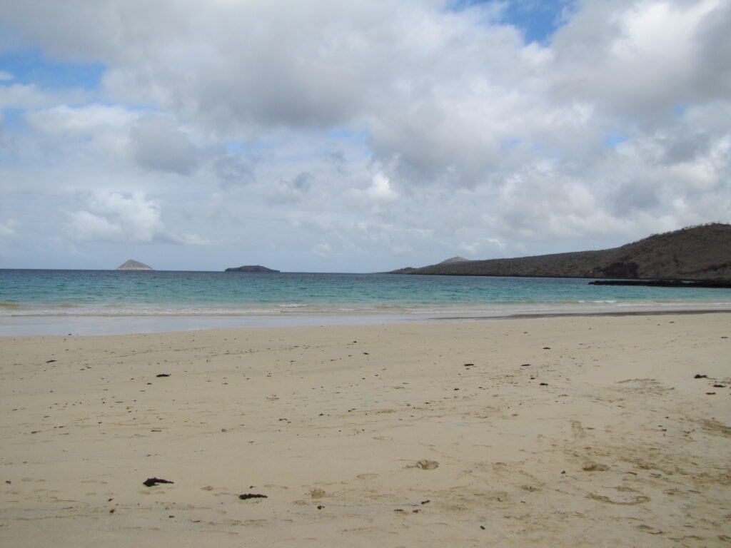 An empty beach called Cormorant Point with waves lapping against it on Floreana Island, Galapagos Islands, Ecuador