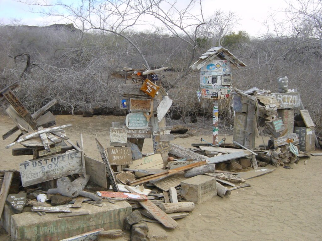 The Post Office on Isla Floreana. It looks like a jumble of wood covered in grafitti but it works to deliver letters from the Galápagos, Ecuador