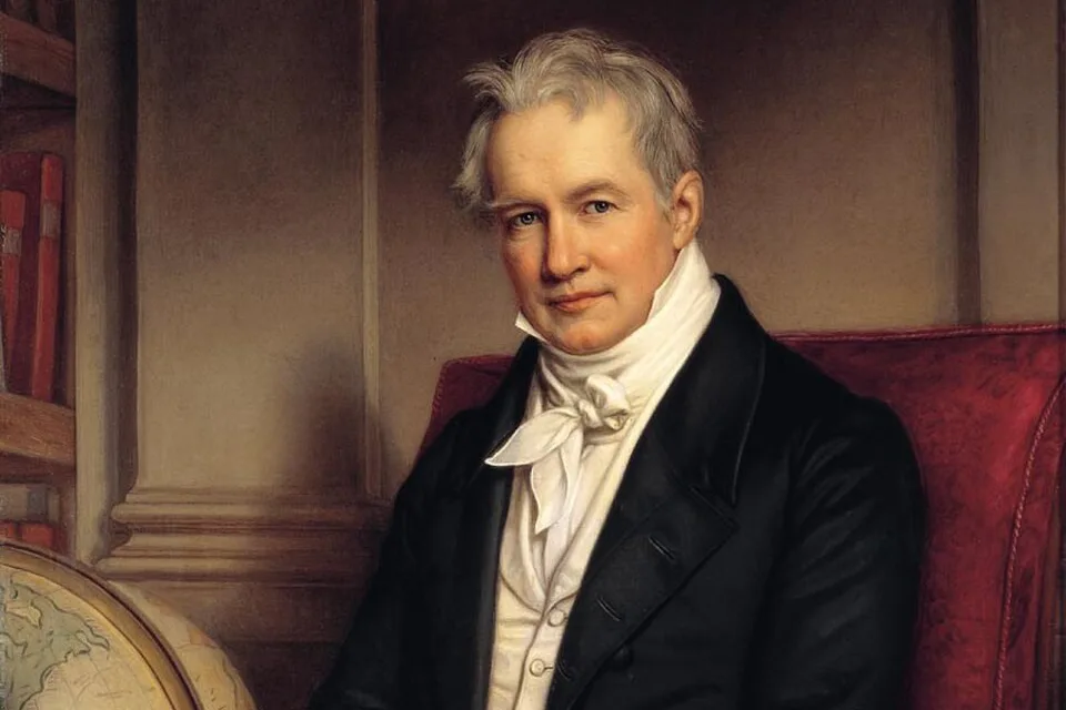 A painting of Alexander von Humboldt by Joseph Karl Stieler. Humboldt is in a fancy suit in a room of a big house with a globe beside him