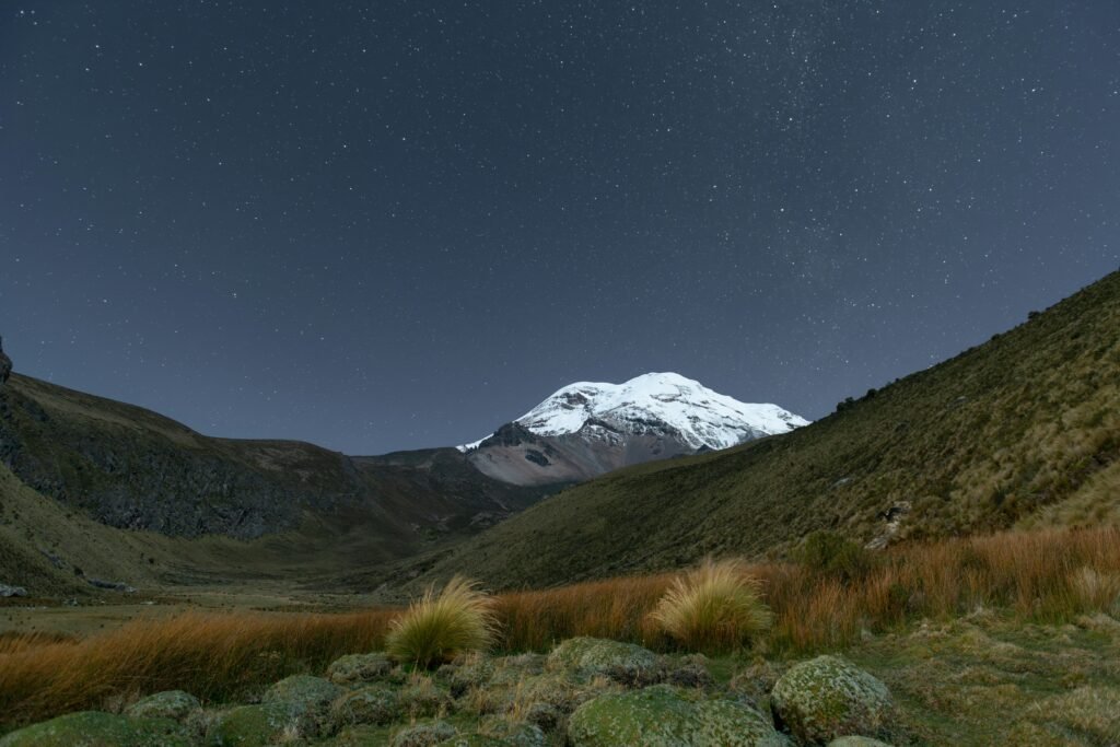 Chimborazo volcano towers over the paramo at night in Ecuador