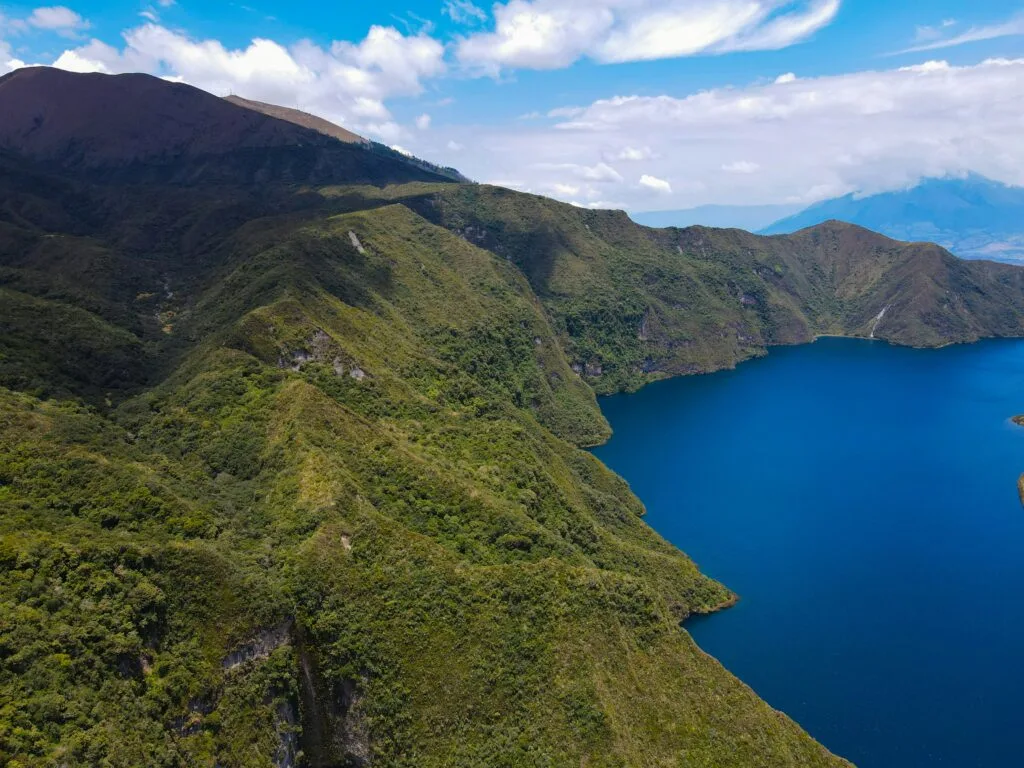 The rim of Lake Cuicocha on a sunny day near Cotocachi and Otavalo, Ecuador