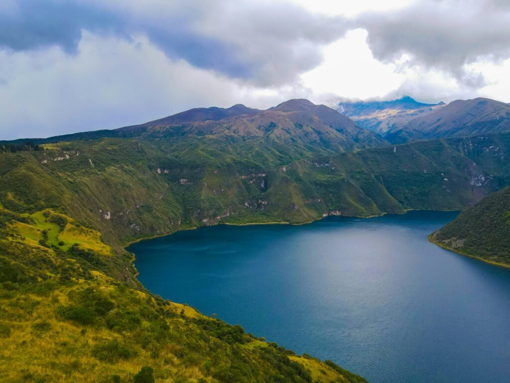 The rim of Lake Cuicocha on a sunny day near Cotocachi and Otavalo, Ecuador