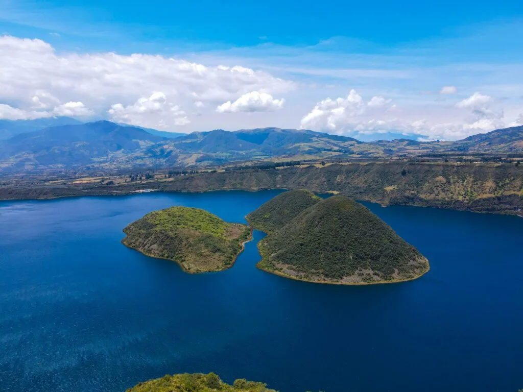 The islands of Lake Cuicocha on a sunny day near Cotocachi and Otavalo, Ecuador