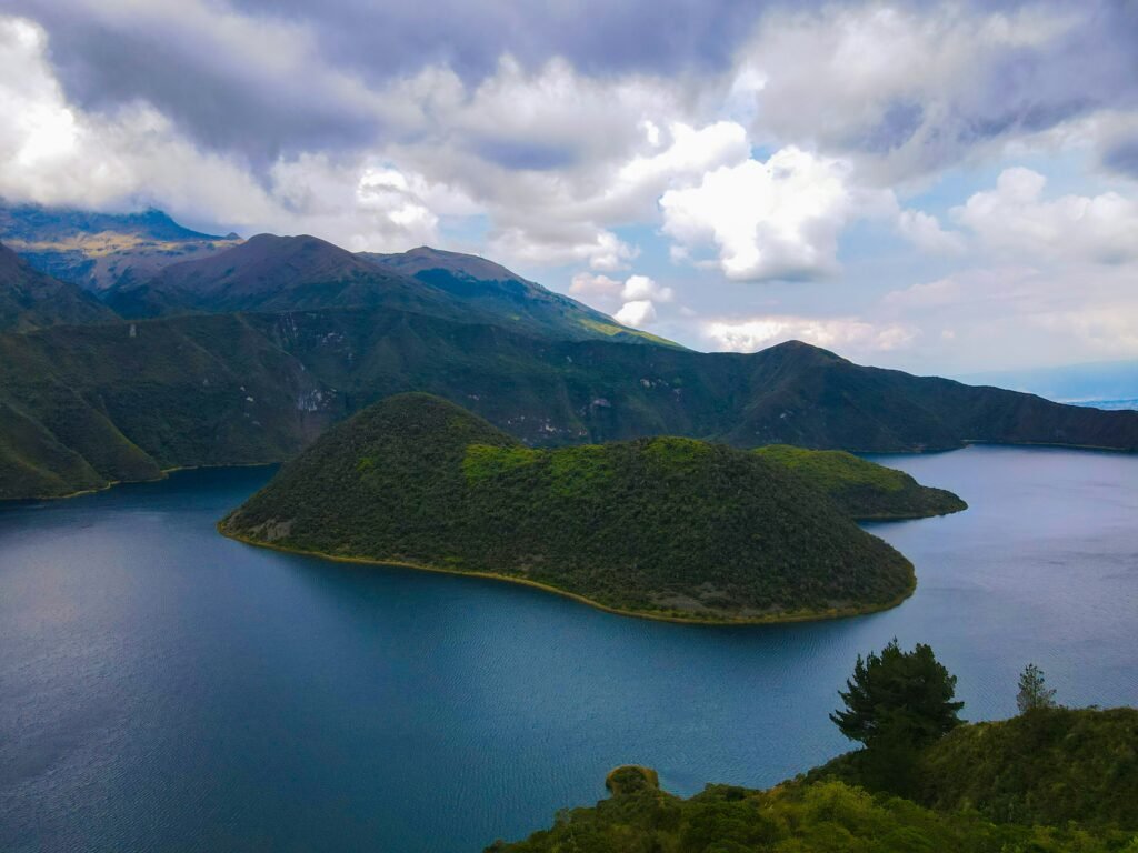 The islands of Lake Cuicocha on a sunny day near Cotocachi and Otavalo, Ecuador