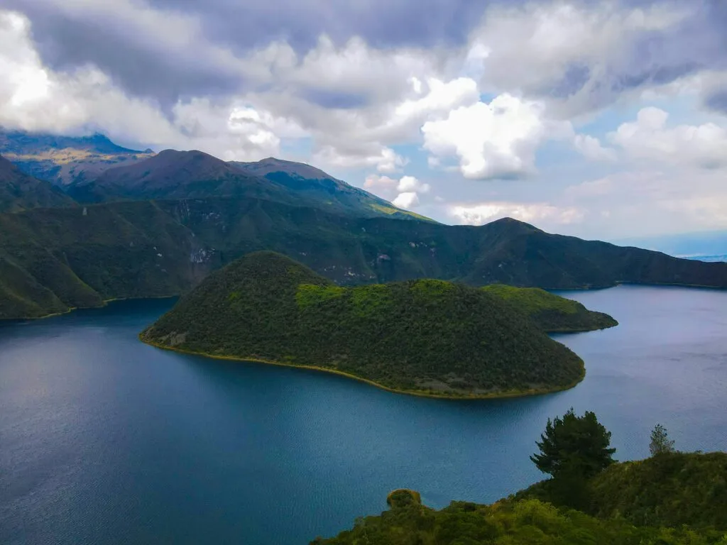 The islands of Lake Cuicocha on a sunny day near Cotocachi and Otavalo, Ecuador