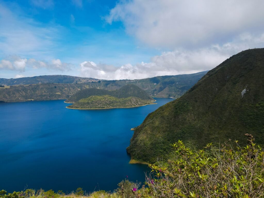 The rim of Lake Cuicocha on a sunny day near Cotocachi and Otavalo, Ecuador